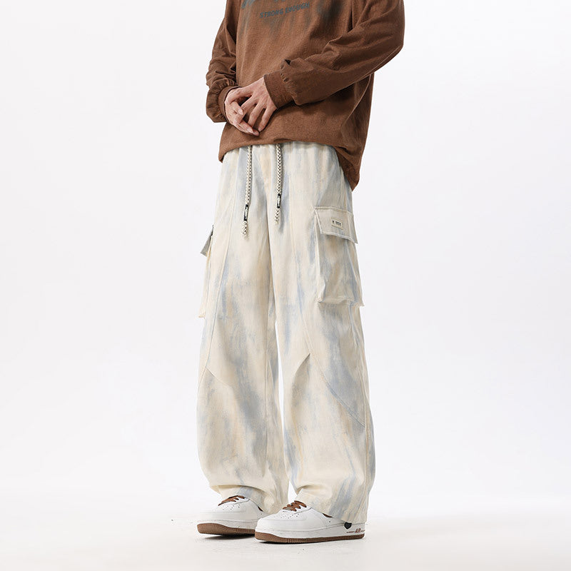 Vintage Distressed Dirty Gray Tie-Dye Casual Wide-Leg Loose Fashion Plus-Size Versatile Multi-Pocket Drawstring Pants Men's Clothing