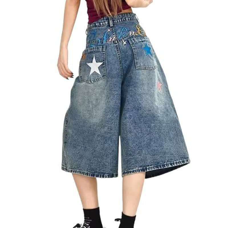 Star Letter Embroidery Denim Capri Pants