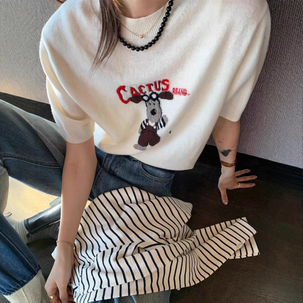 Cartoon Dog Short Sleeve Knitted Shirt for Women