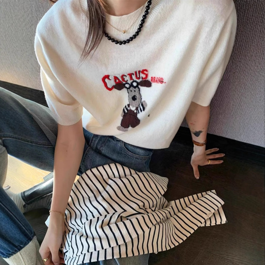 Cartoon Dog Short Sleeve Knitted Shirt for Women