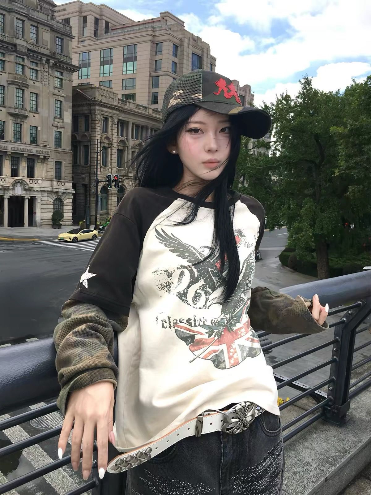 Street Vintage Camo Flag Patchwork Long Sleeve Printed T-Shirt