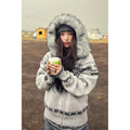 Fel Island fur collar hooded sweater jacket for women