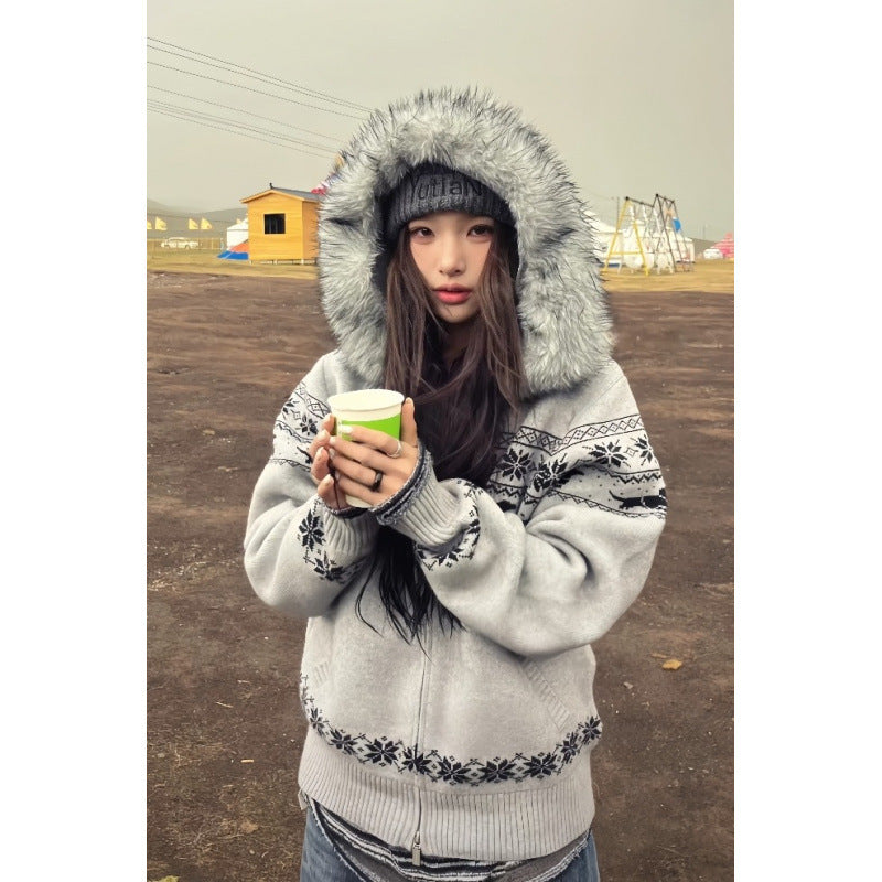 Fel Island fur collar hooded sweater jacket for women