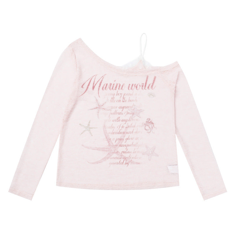 Cartoon starfish print slanted shoulder long sleeved T-shirt for women
