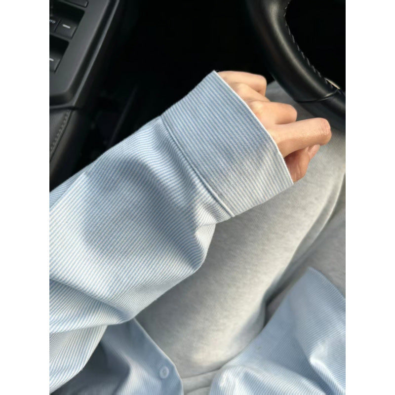 Women's Blue Fine Stripe Loose Long Sleeve Shirt