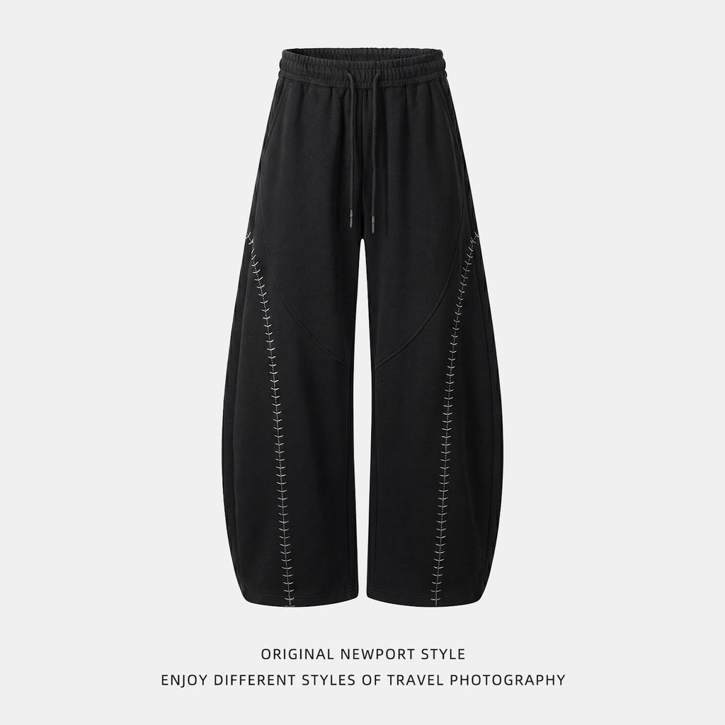 Light Retro Knife-Style Casual Pants for Men, Autumn Loose Fit with Drape, Color-Blocking Embroidery Panel Track Pants