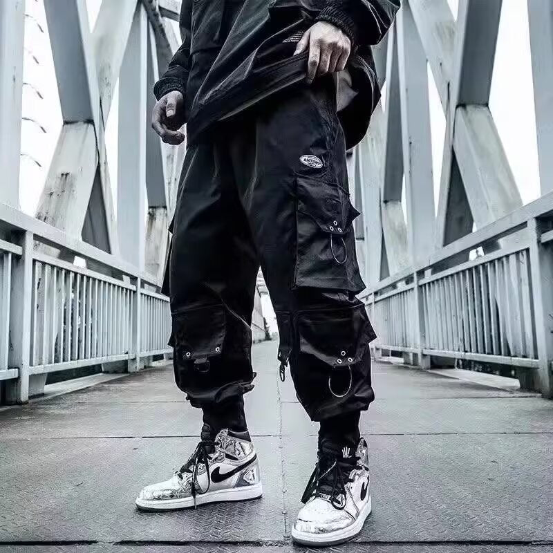 Urban Tactical Functional Style Dark Black Cool Streetwear Loose Cuffed Pants Men's Spring Autumn Fashion Long Trousers