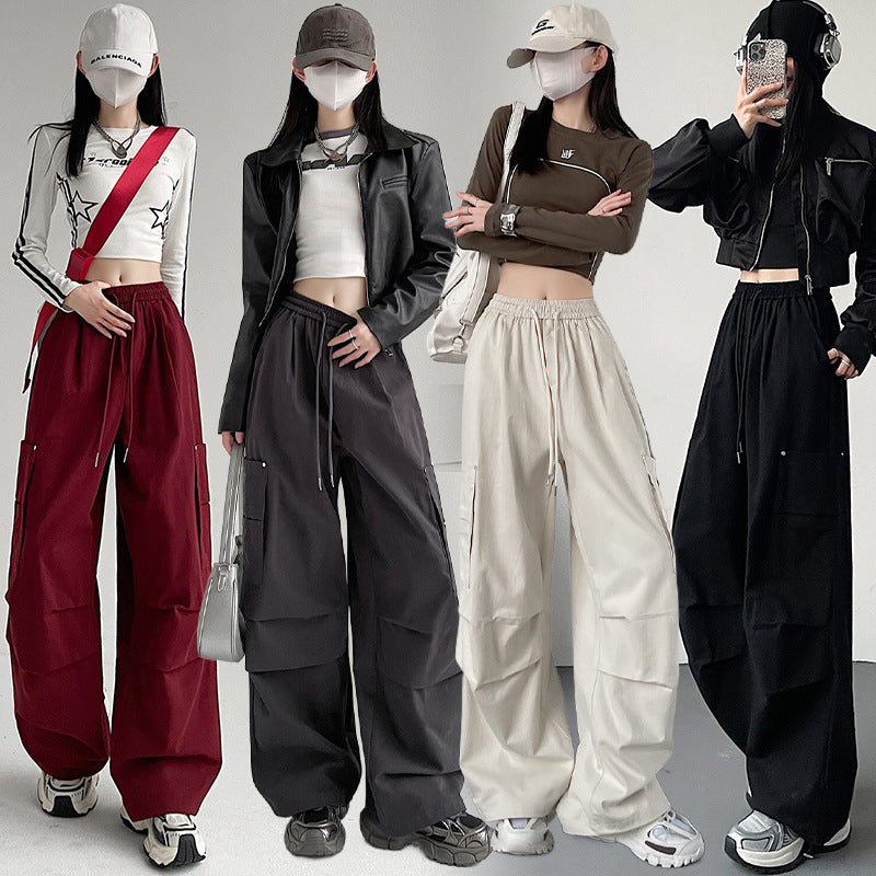 Black Cargo Pants for Women, Spring and Autumn New Outdoor Tactical Pants, Petite Size, Loose Straight Leg Sporty Wide Leg Pants