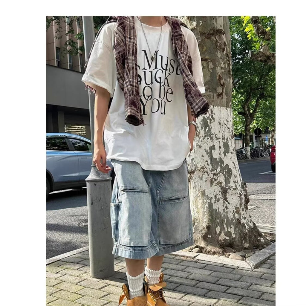 Denim Shorts Men High Street Straight Leg Lumberjack Pants