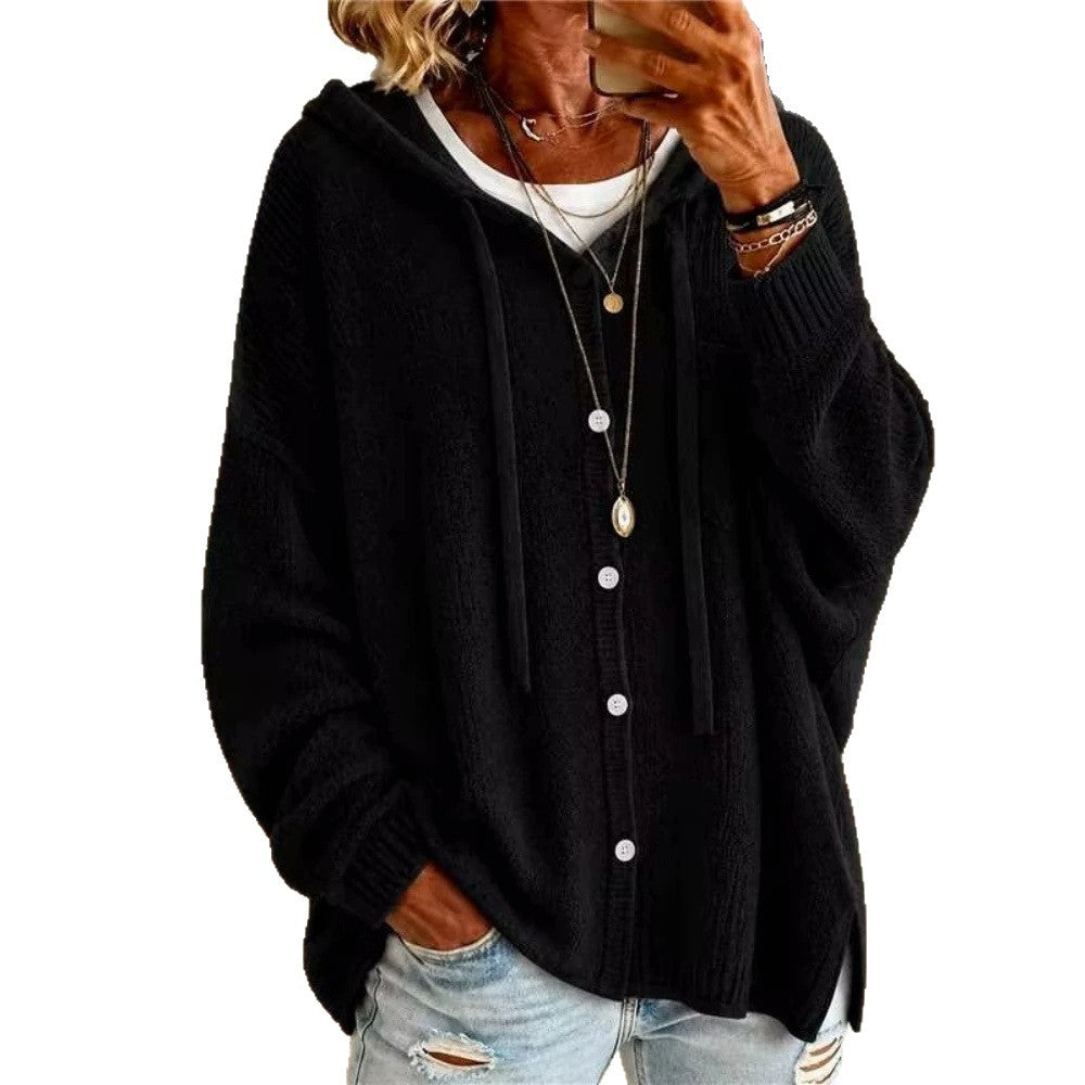 Button knit hooded sweater cardigan jacket