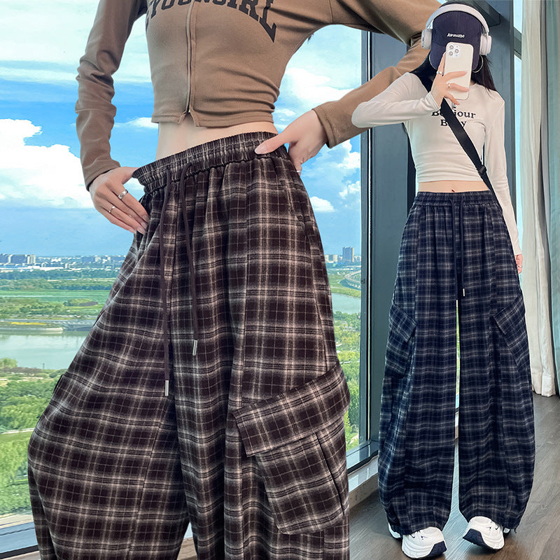 Retro Plaid Wide-Leg Pants for Women, Autumn New Design, High-Waisted, Stylish, Two-Way Wear, Casual Straight Leg Cargo Pants