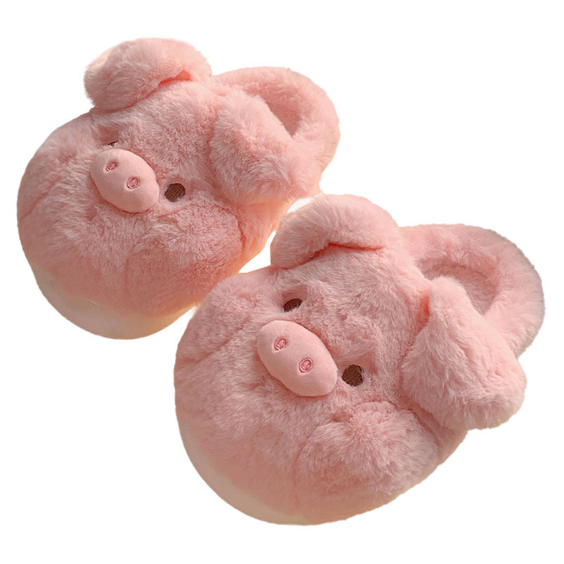 Winter Warm Soft Thick-Sole Furry Slippers for Women, Cute Pink Pig Cotton House Slippers