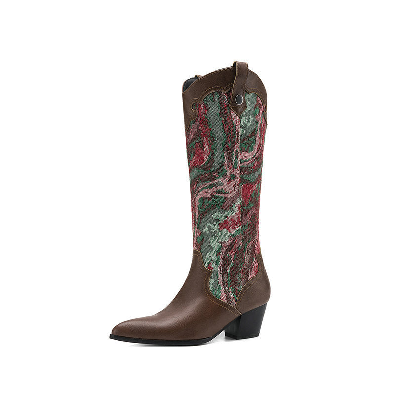 Retro Ethnic Style Patchwork Pointed Toe Western Boots  Chunky Heel High Shaft Western Cowboy Boots Made to order, ships in 7 days