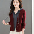 Women's Short Hooded Knit Cardigan with False Two-Piece Design