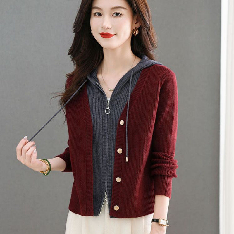 Women's Short Hooded Knit Cardigan with False Two-Piece Design