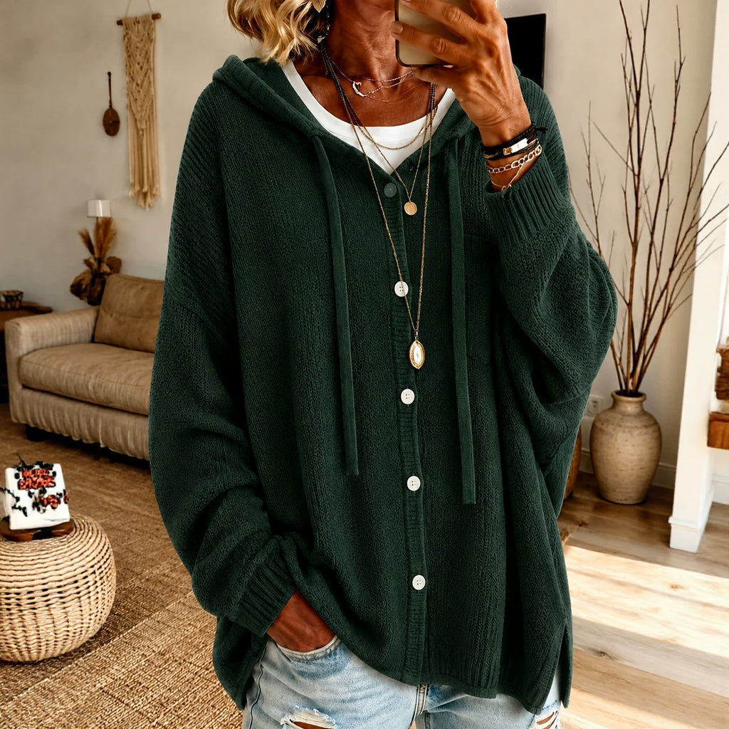 Button knit hooded sweater cardigan jacket