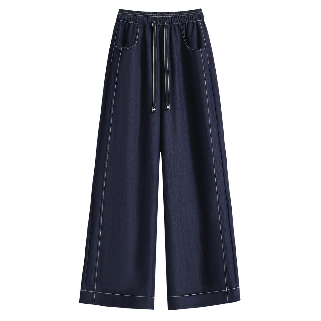 Linen-like Rayon Wide Leg Pants for Women, High Waist, Straight Leg, Color-Blocked Topstitching, Flowy and Lightweight Tencel Trousers