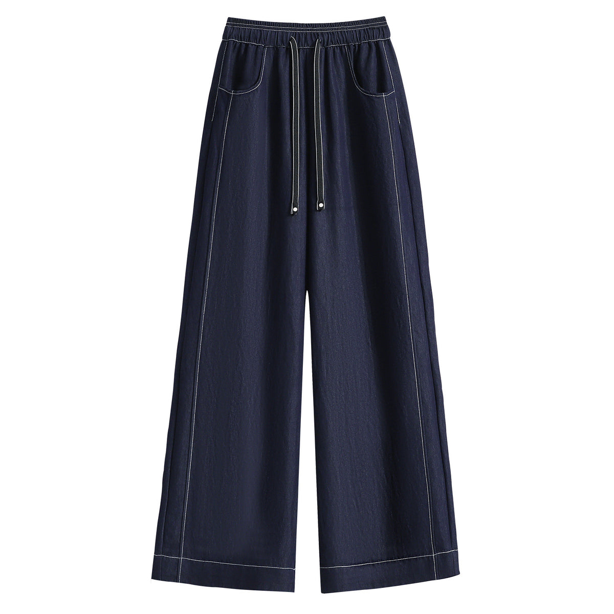 Linen-like Rayon Wide Leg Pants for Women, High Waist, Straight Leg, Color-Blocked Topstitching, Flowy and Lightweight Tencel Trousers