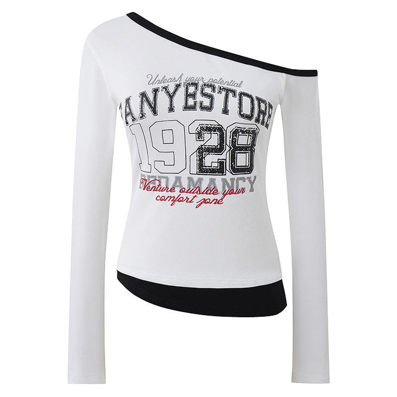 White off shoulder fake two long sleeved T-shirt for women