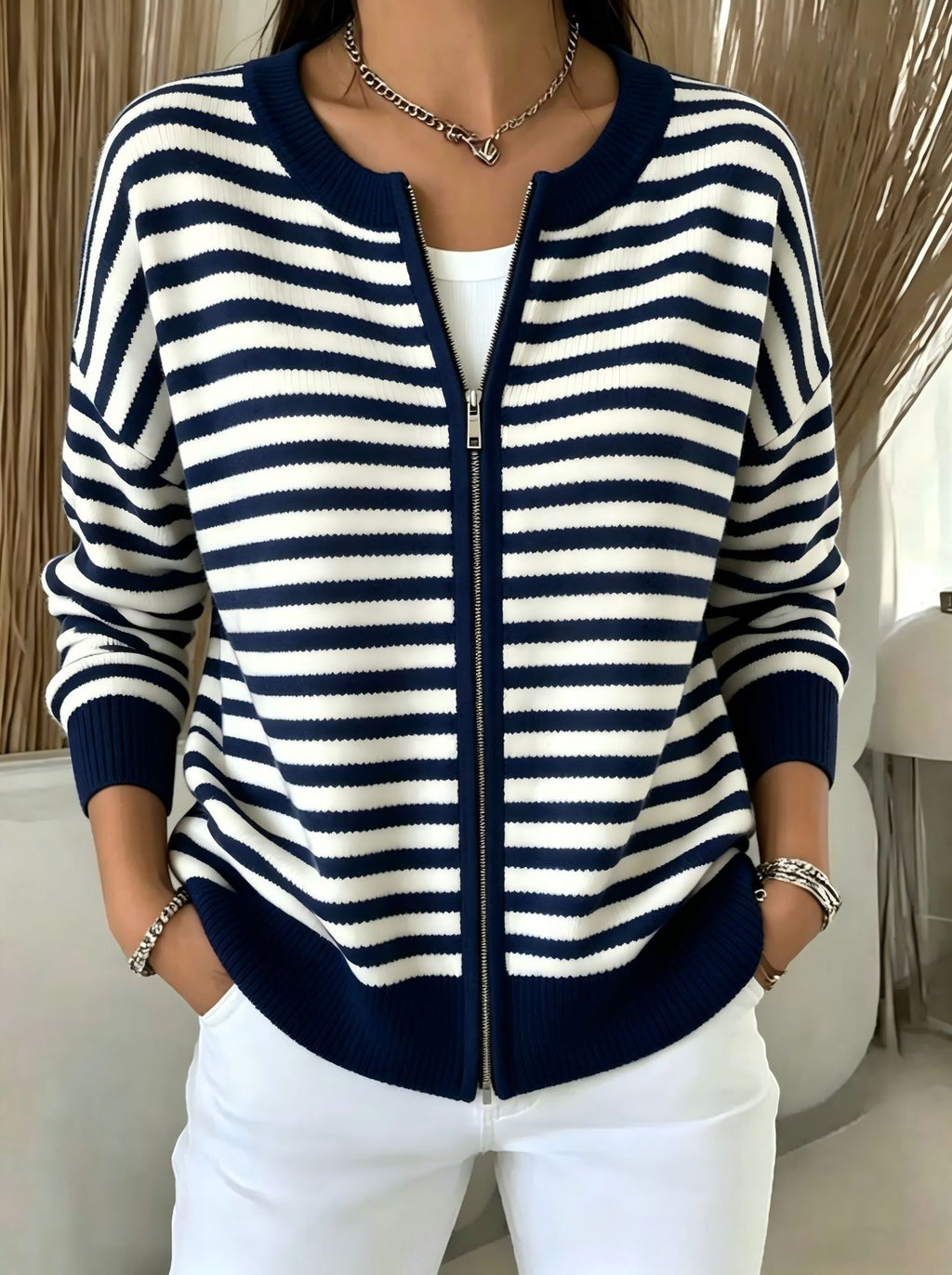 Striped zipper knitted cardigan for women
