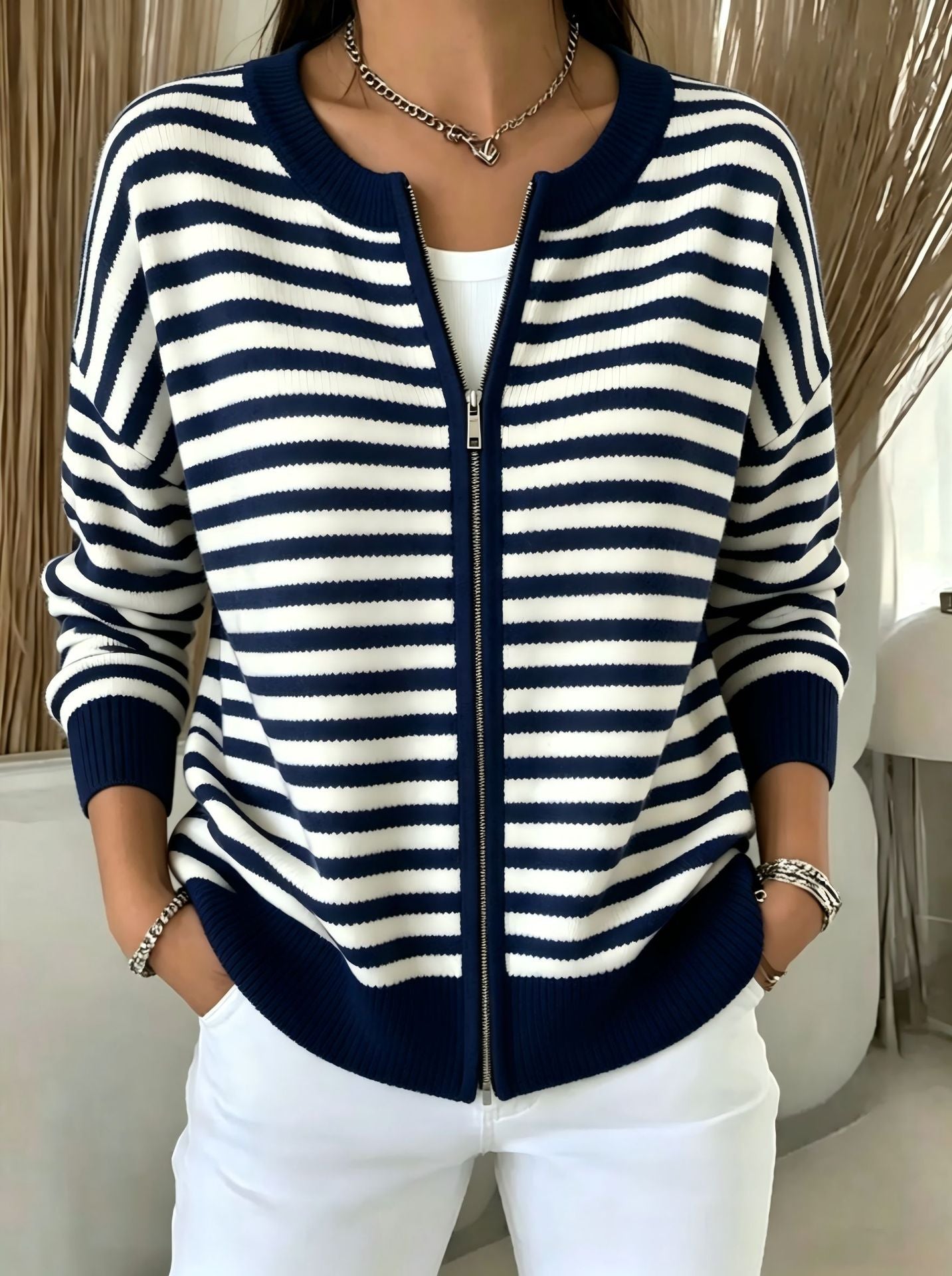 Striped zipper knitted cardigan for women