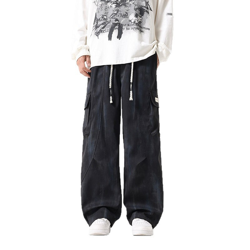 Vintage Distressed Dirty Gray Tie-Dye Casual Wide-Leg Loose Fashion Plus-Size Versatile Multi-Pocket Drawstring Pants Men's Clothing