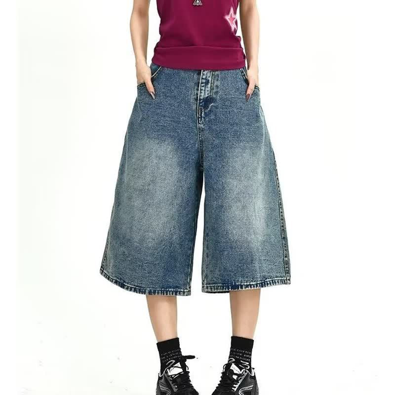 Star Letter Embroidery Denim Capri Pants