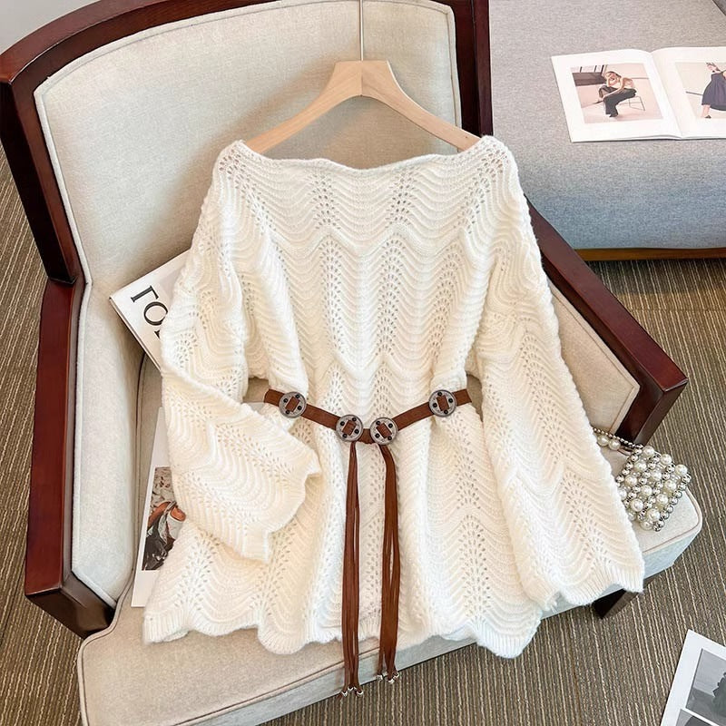 Lace one shoulder pullover knitted sweater for women