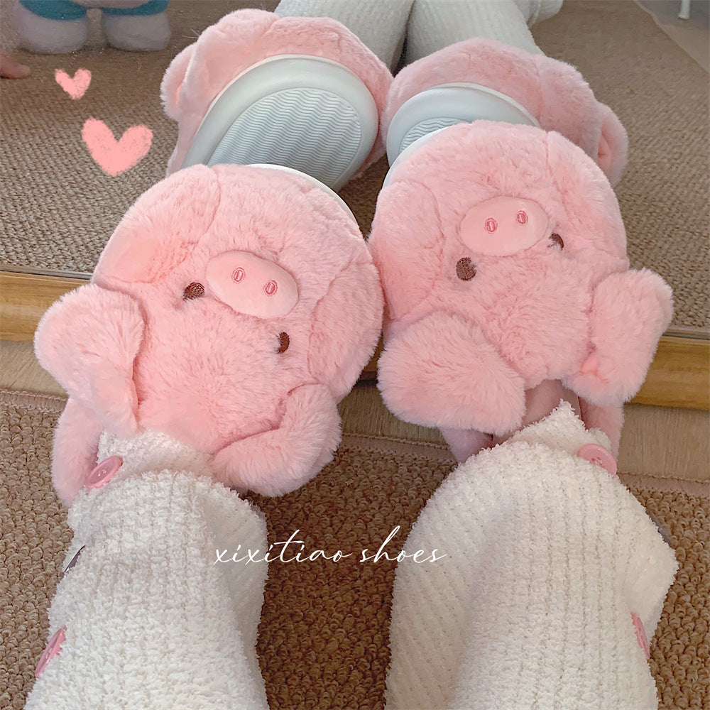 Winter Warm Soft Thick-Sole Furry Slippers for Women, Cute Pink Pig Cotton House Slippers