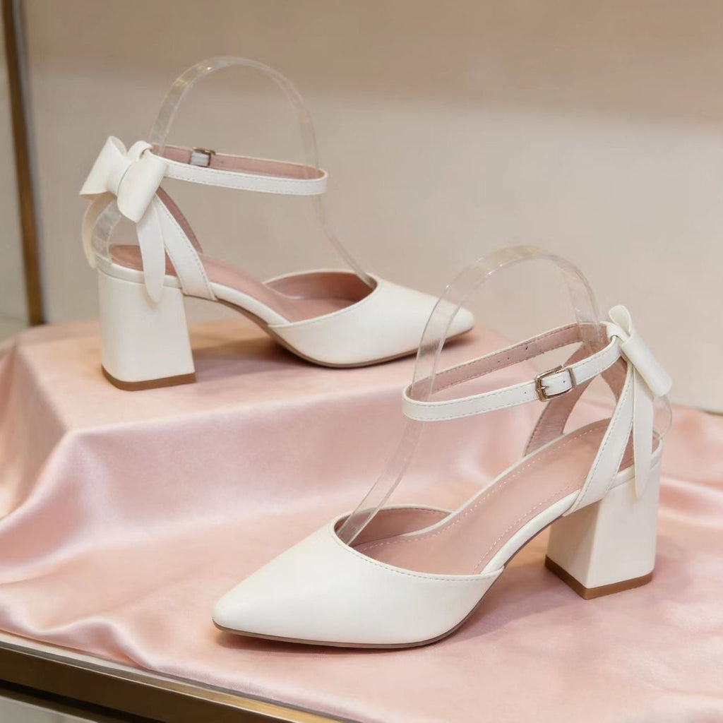 Women's off-white bow chunky heel pointed toe sandals for spring and summer