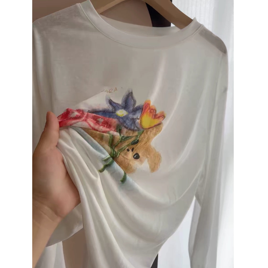 Women's Loose Long Sleeve T-Shirt Textured Cotton Blend  Slightly Sheer Summer Sun Protection Cover-Up