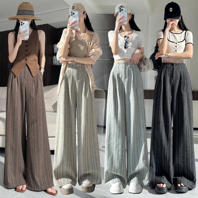 Striped Wide-Leg Pants for Women, Autumn New High-Waisted, Slimming, Versatile, Flowing, Floor-Length, Loose, Casual Suit Pants