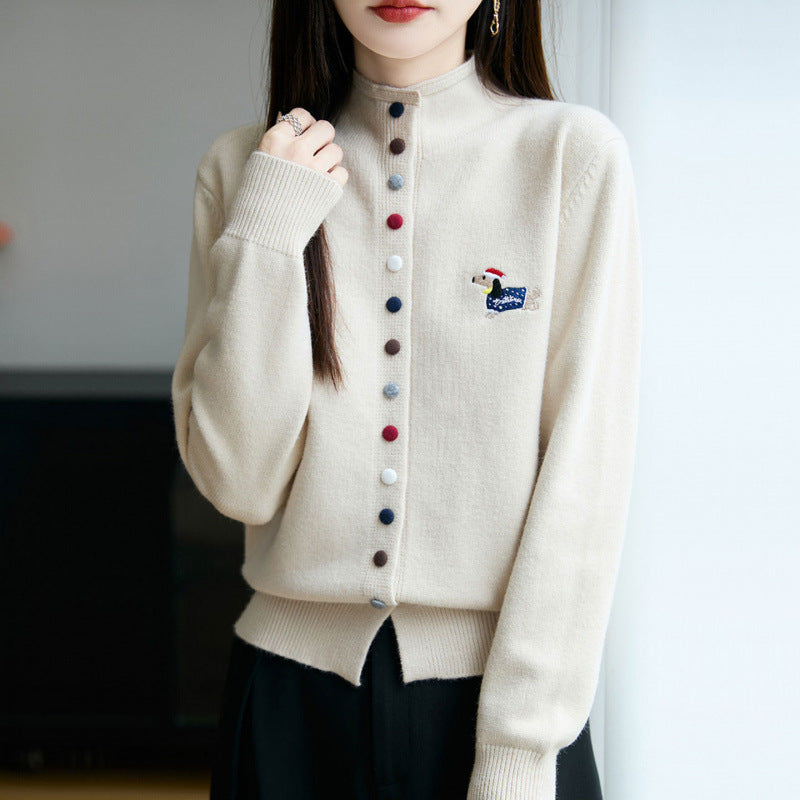 High Neck Colorful Button Loose Cardigan Sweater for Women Open Front Sweater