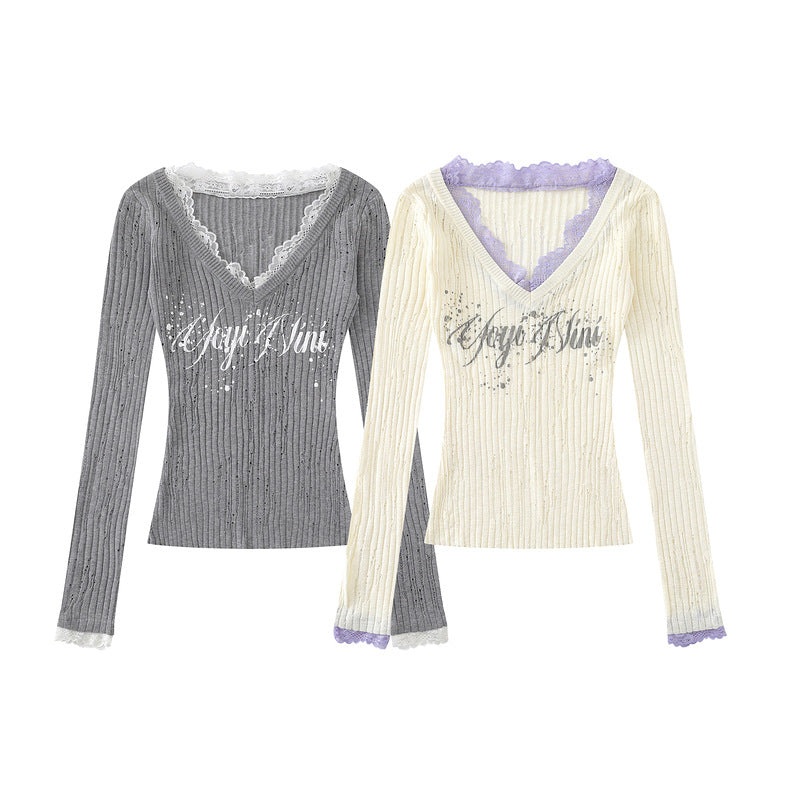 V-neck lace patchwork long sleeved knitted sweater for women