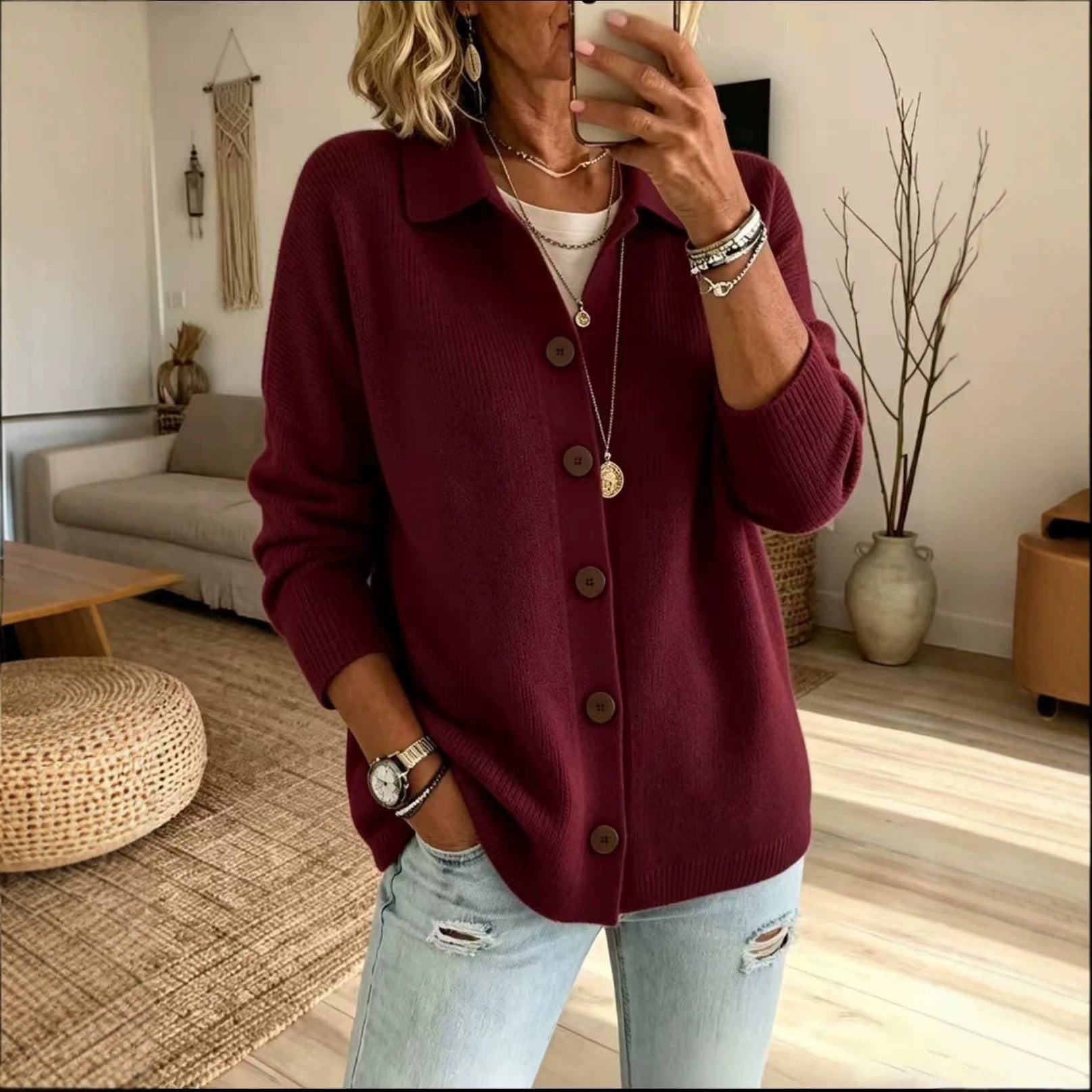 Button knit lapel sweater cardigan jacket