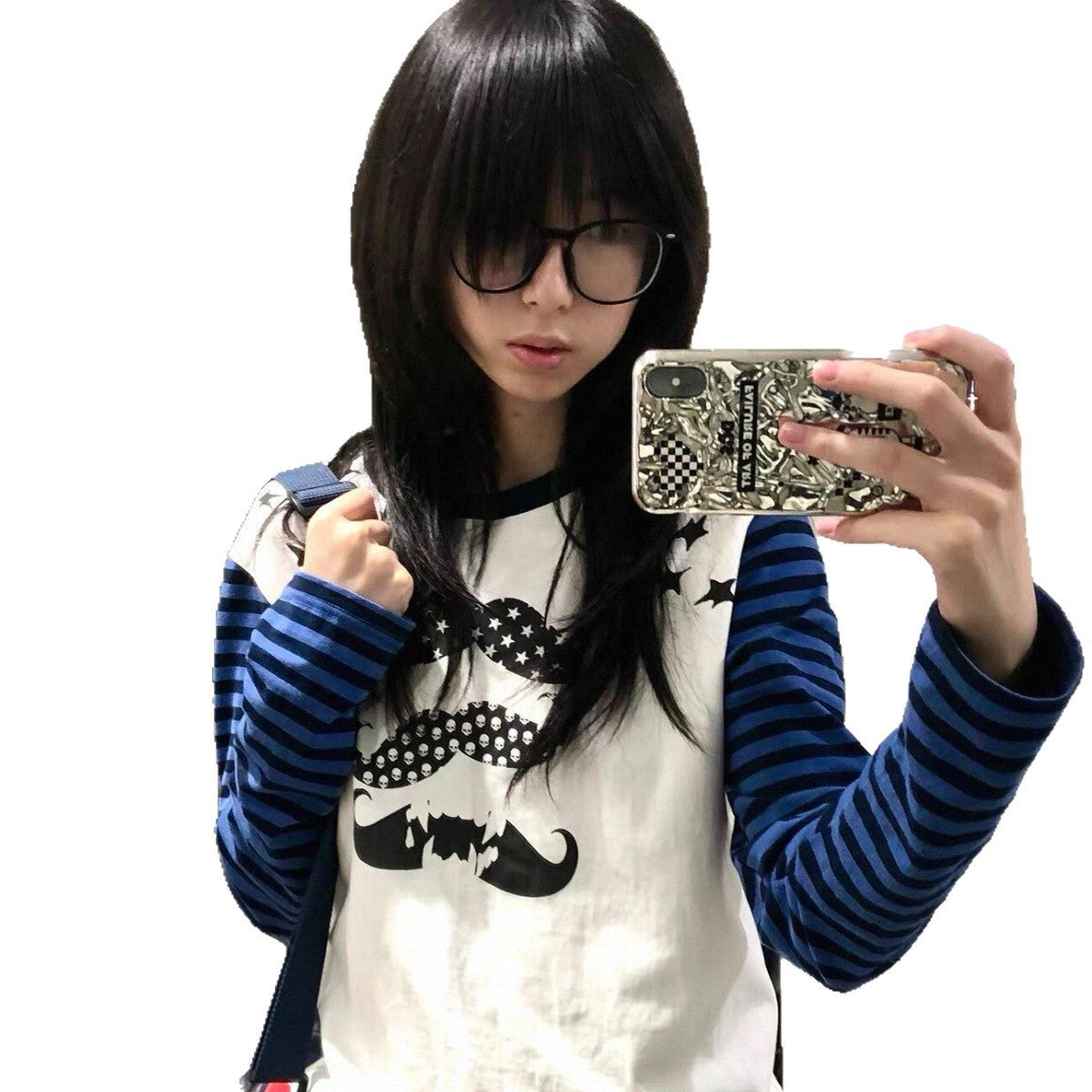 Color-block Stripes Mustache Stars Long Sleeve Women's T-Shirt