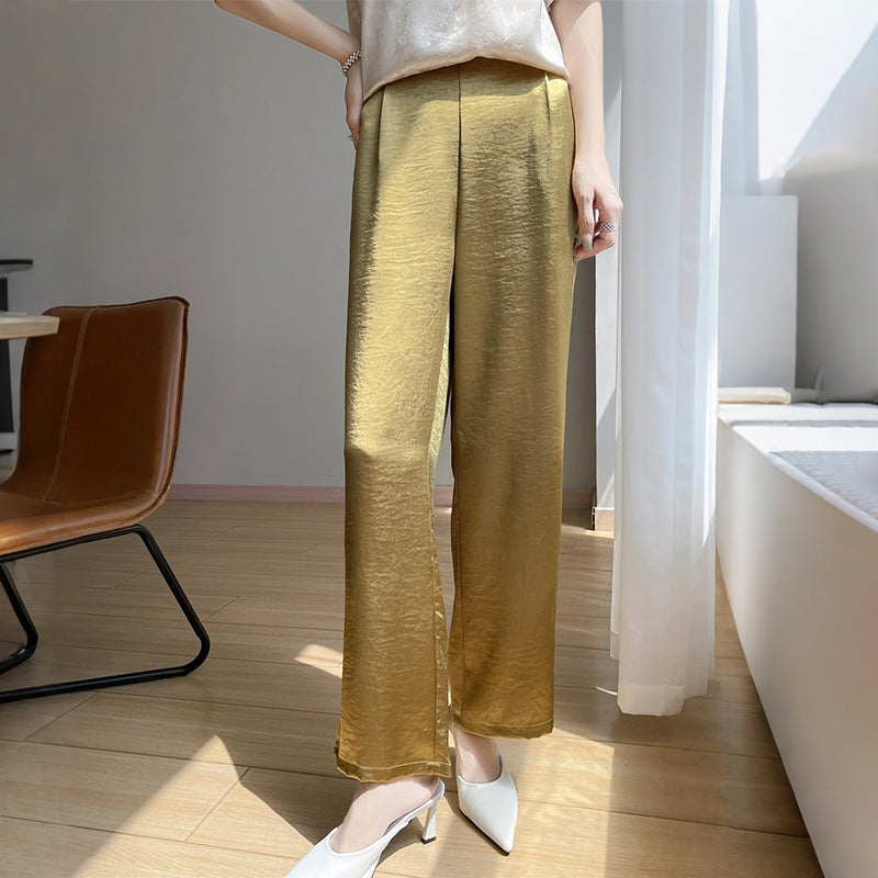 Acetate Wide-Leg Pants Women Slim Fit Lightweight High Waist Straight Leg Outer Wear Suit Pants Satin