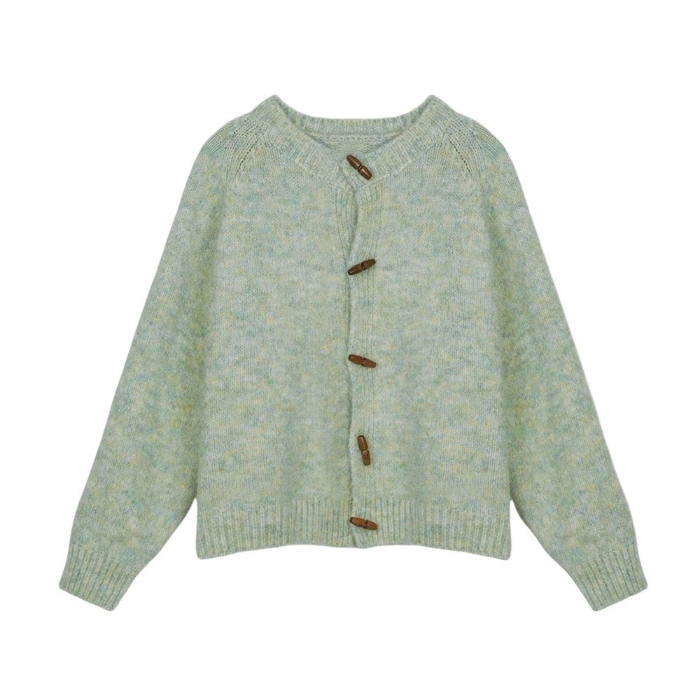 Round neck sweater women's cow horn button jacket
