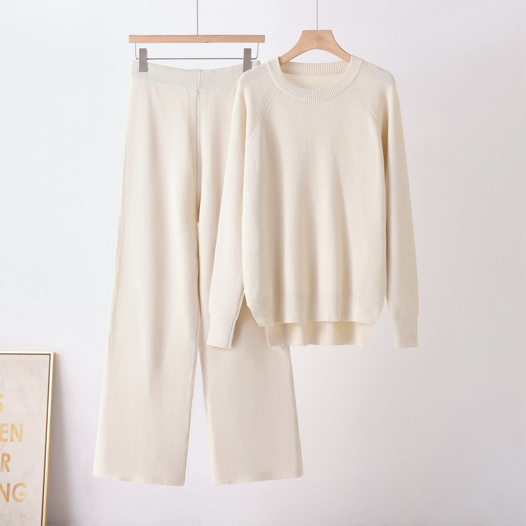Loose long sleeved round neck wide leg pants two-piece set for women