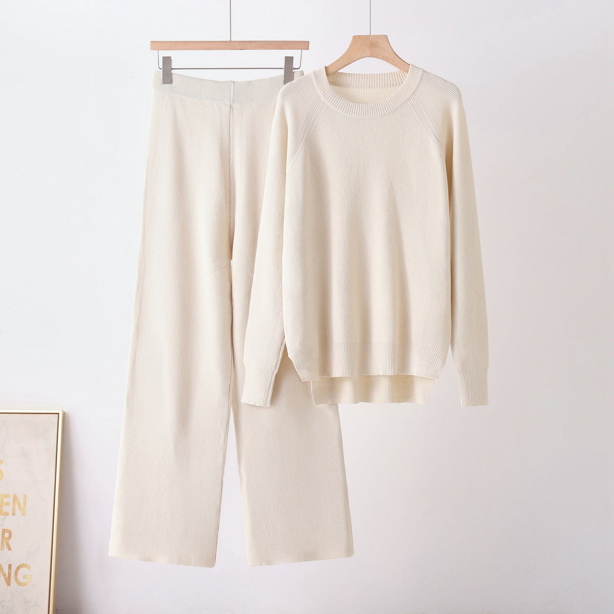 Loose long sleeved round neck wide leg pants two-piece set for women