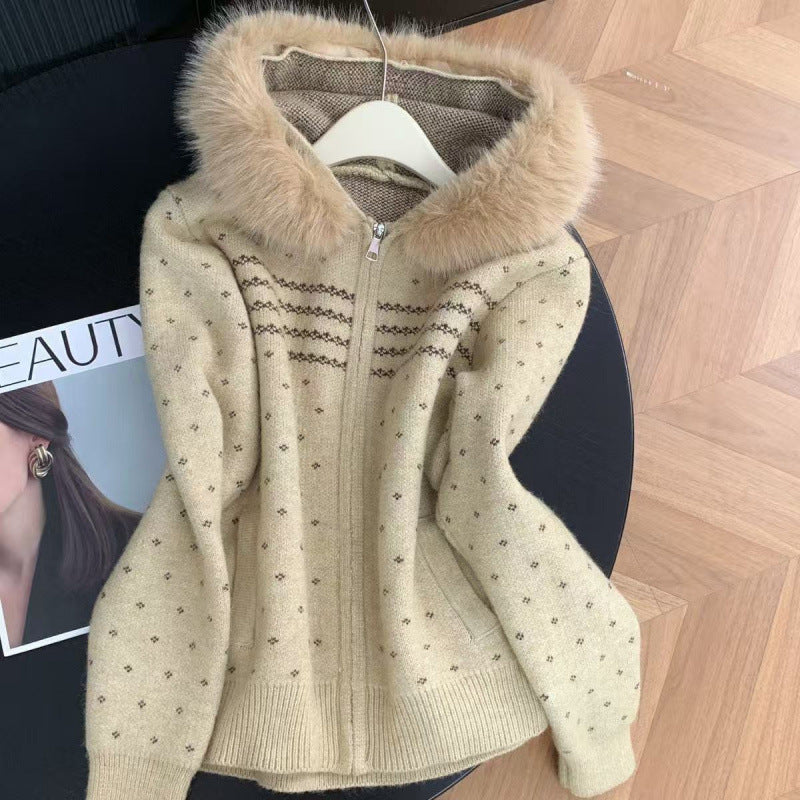 Hooded Fur-Collar Zip-Up Knit Cardigan for Women, Vintage Stylish Thick Short Knit Sweater Coat