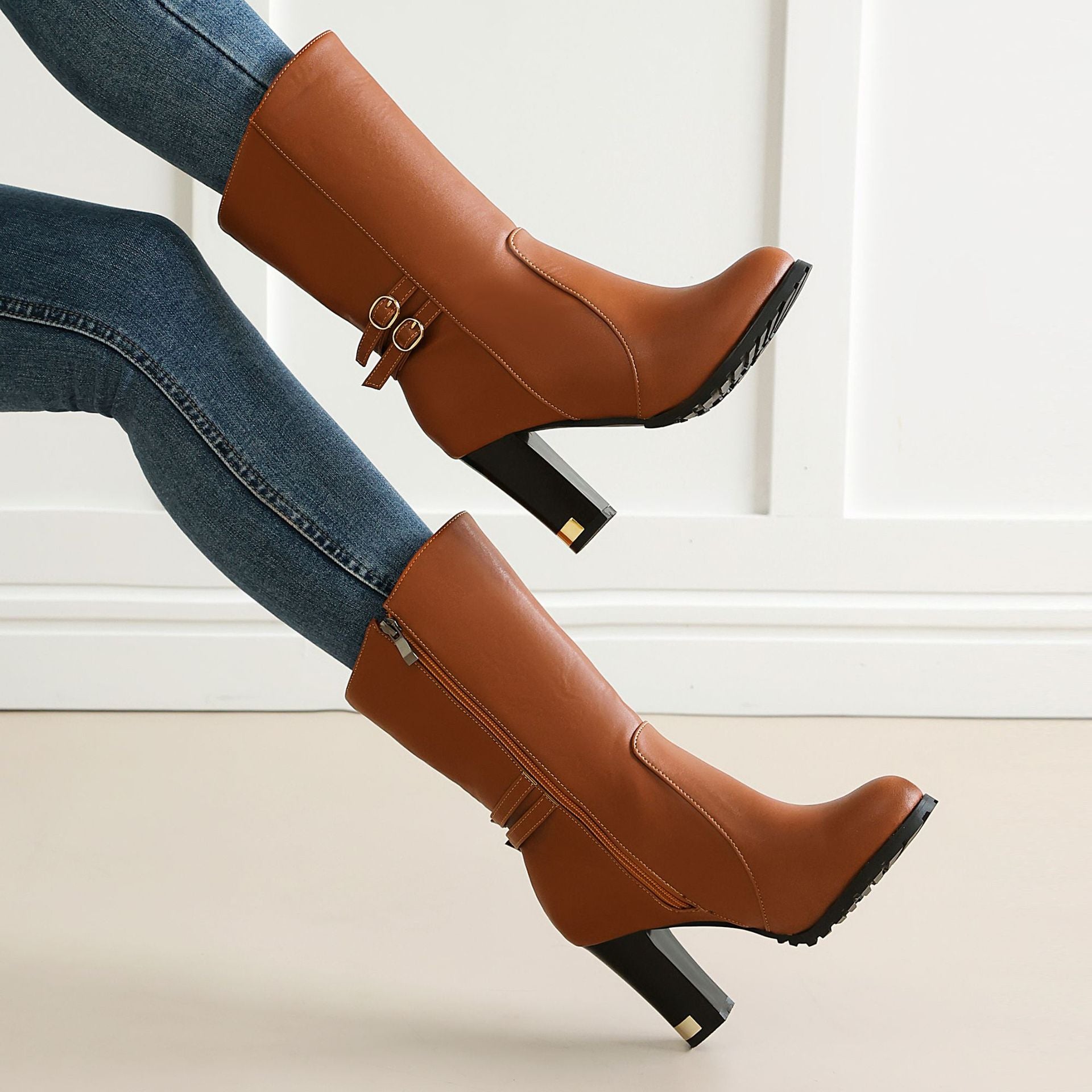 Fashion High-Heeled Mid-Calf Boots for Women, Solid Color with Side ZipperTrendy Autumn/Winter Style Made to order, ships in 7 days