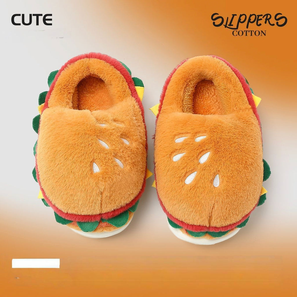 Cartoon Hamburger Cotton Shoes Women Winter New Cute Outdoor Wear Warm Home Slip-Resistant Fleece-Lined Thick Soft Sole Cotton Slippers