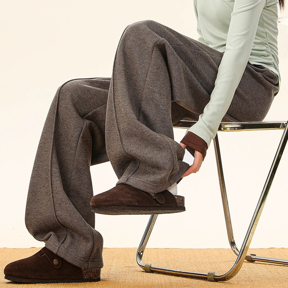 Old Money Style Herringbone Casual Pants Men Autumn Winter New  Vintage Drapey Straight Leg Wide Leg Long Trousers