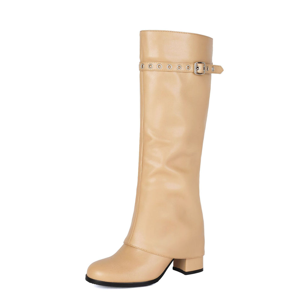 High Heel Chunky Large Size Slip-On Combat Boots for Women