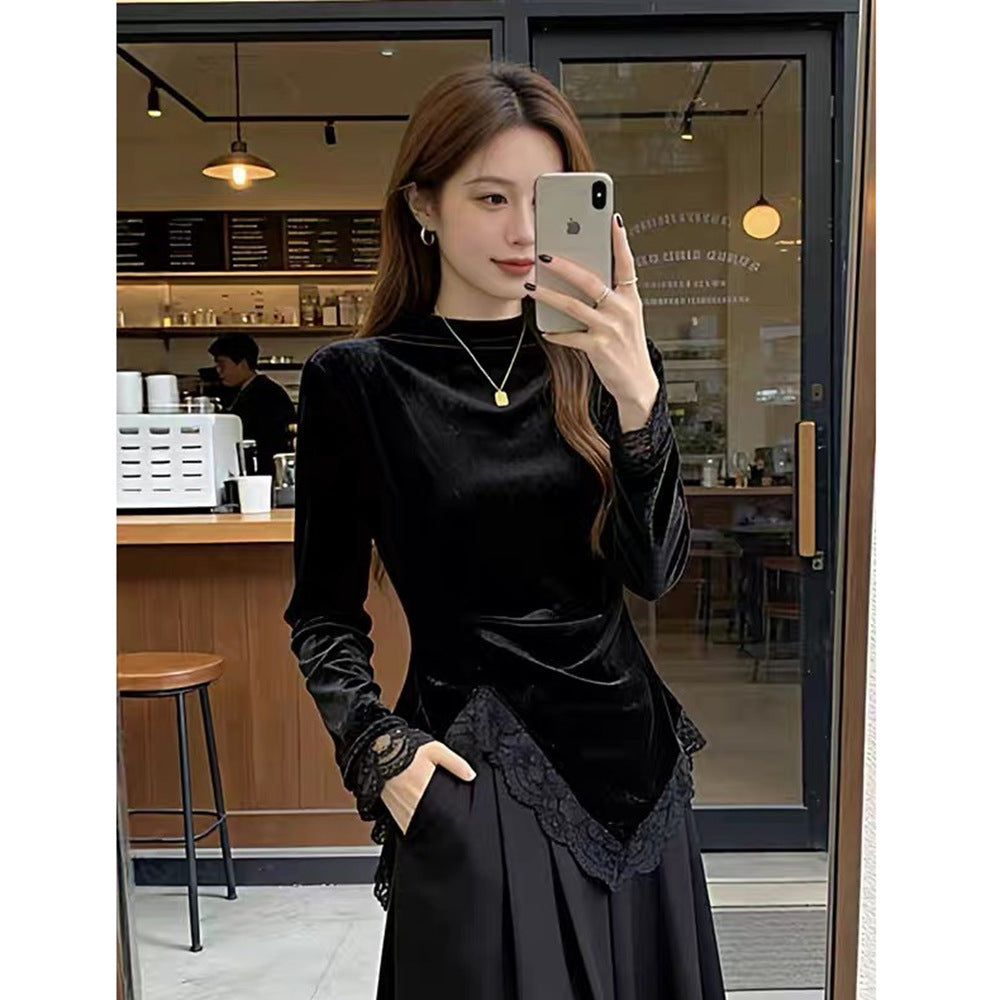Women's Premium Velvet Mock Neck Long Sleeve Top with Lace Trim | Elegant Chic Design
