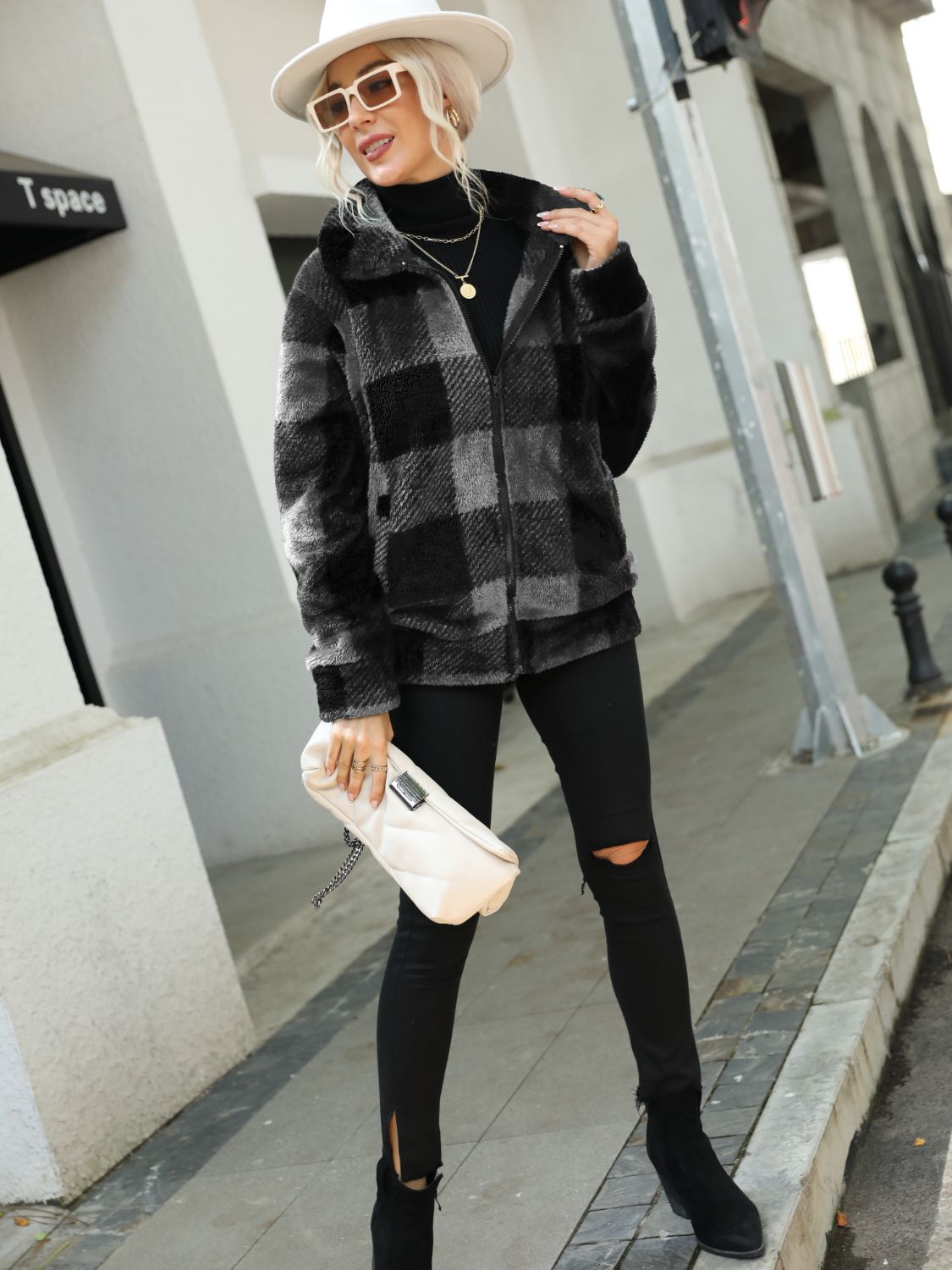 Women Plaid Zip-Up Collared Jacket