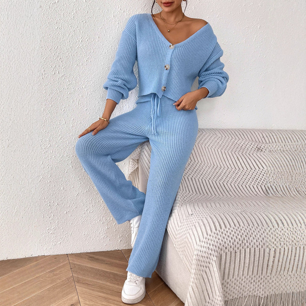 Women's Pure Color Elegant Two-Piece Set Short Top Loose Cardigan Straight Leg Drawstring Pants