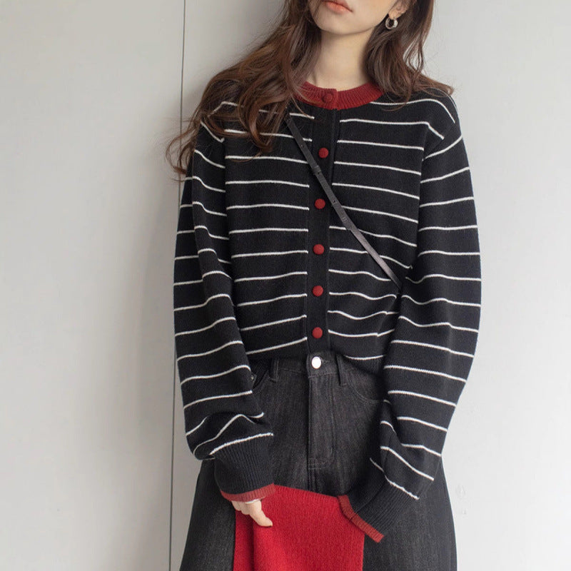 Stripe Cardigan for Women, Buttoned Round Neck Long Sleeve Knitwear Coat