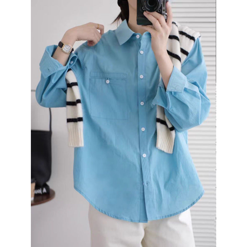 Women's Long Sleeve Blue Casual Shirt Relaxed Fit Versatile Top